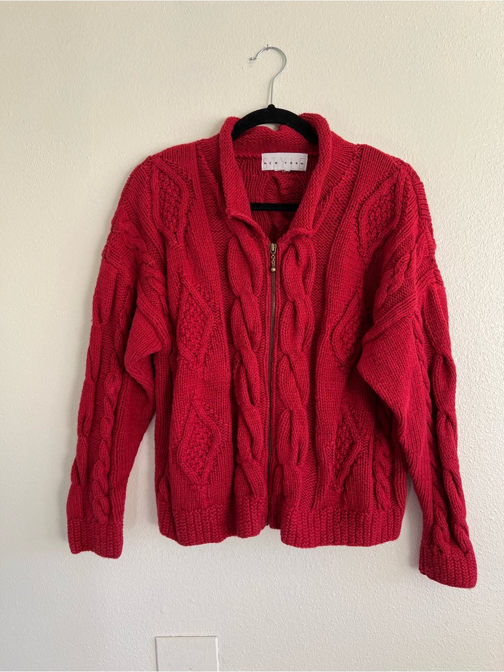 Red Cable-Knit Zip Cardigan Sweater